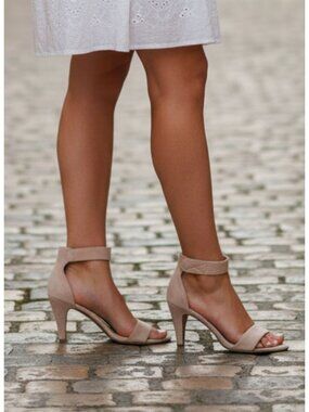 Taupe Suede Open-Toe Heels With Ankle Strap Bella Marie Brand